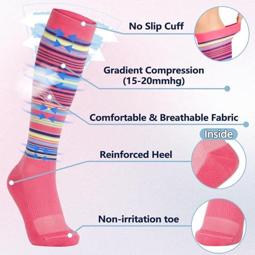 Image of +MD Cotton Compression Socks for Women & Men 4 /6 Pairs 15-20mmHg Knee High for Sports, Travel, Nursing Long Sitting Standing