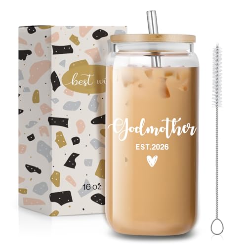 SEWSONG 2026 Godmorther Ice Coffee Glass Cup with Lid and Straw Gifts for Women,Pregnancy Announcement, Christmas Thanksgiving Baptism Gifts for Godmother Aunt Women Hers