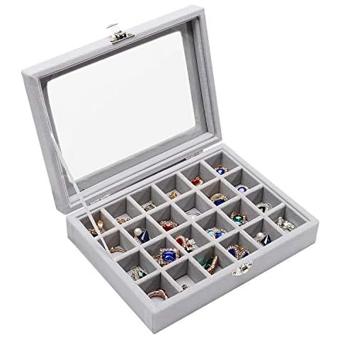 STYLIFING Jewelry Organizer Box 24 Grid, Clear Lid Velvet Jewelry Tray Stackable Jewelry Display Case for Women (24 Grid Grey) Cover