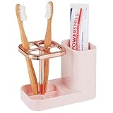 mDesign Plastic Toothbrush Storage Organizer Holder with Cup for Bathroom, Vanity, Countertop Space - Holds Brushes, Toothpaste, Floss, Dental Accessories - Light Pink/Rose Gold