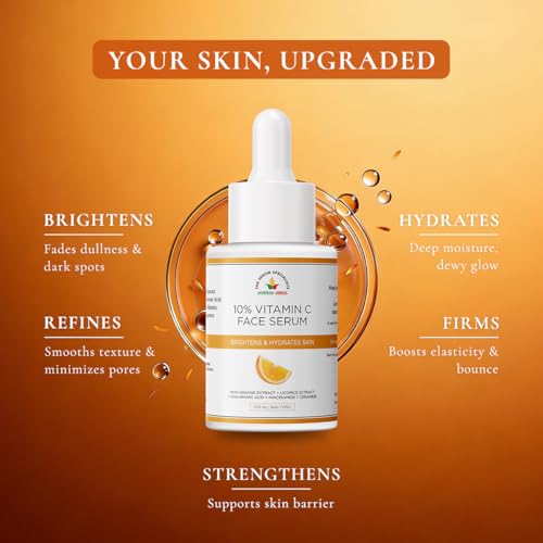 Image of 10% Vitamin C Face Serum for All Skin Types | With Niacinamide, Ceramide, Licorice & Hyaluronic Acid | Brightening, Hydrating, Anti-Aging, Dark Spot Corrector | Dermatologically Tested, Non-Comedogenic | 30 ml
