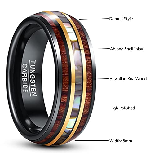 Nuncad 8Mm Black Gold Tungsten Rings For Men Wood Grain And Abalone Shell Inlaid Domed Polished Wedding Ring Comfort Fit Size 8 #TOP4