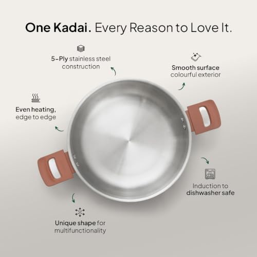 Image of Ember Cookware 5-Ply Stainless Steel Kadai with Glass Lid | 24cm 2.6L | Induction & Gas Compatible | 100% PTFE & PFOA Free | Scratch-Resistant Ceramic Exterior | Terracotta