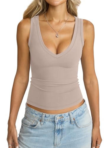 Image of Eachyes Womens V Neck Tank Tops Sleeveless Slim Fit Shirts Summer Going Out Fashion Outfit Clothes 2026