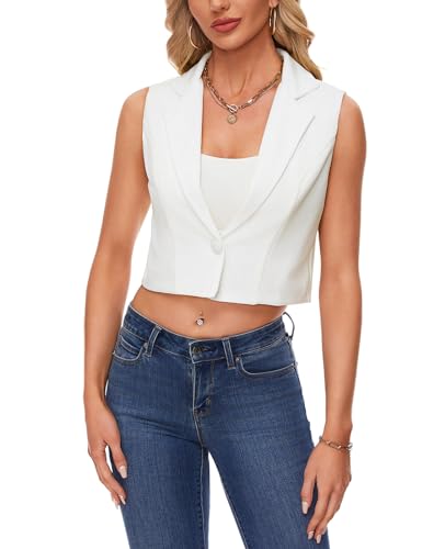 MINTLIMIT Women's Sleeveless Crop Blazer Vest Notched Lapel Button Front Jacket Blazers Casual Work Office Suit Vests
