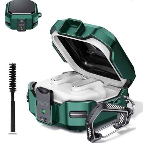 Image of Oboe Tough Case 'Compatible with' Samsung Galaxy Buds 4 & 4 Pro Case with Secure Lock Clip & Keyring (Green) [Buds & ChargingCase NOT Included]