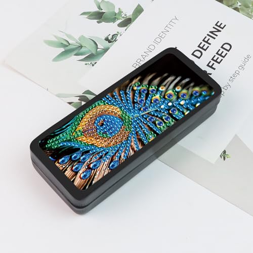 Image of 5D DIY Diamond Painting Glasses Case for Adults, Delicate Peacock Feather Diamond Art Eyeglass Holder, Handmade Diamond Art Sunglass Storage Box, Travel Craft Gift