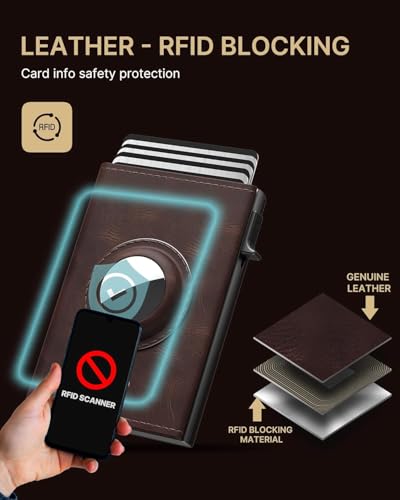 Image of Mens Pop Up Wallet for AirTag: Premium Genuine Leather, RFID Blocking, Smart, Minimalist, 9-14 Card Capacity, ID Window, Cash Slot (Deep Brown)