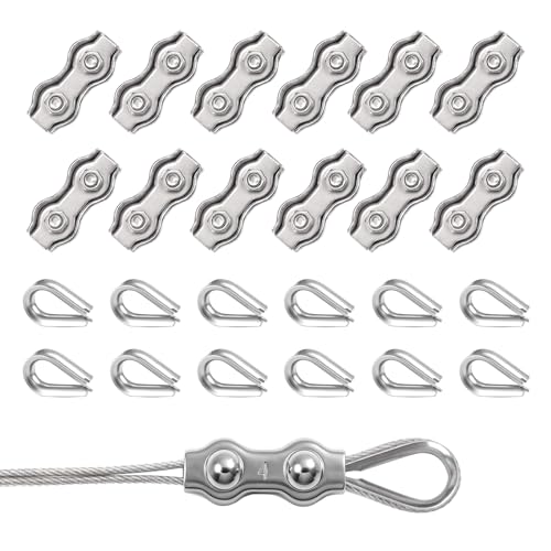 24 Pièces Serre-Câble Inox, Pinces Duplex M4, Serre Cable Acier Inoxydable 304,12 Pinces de Câble Duplex Clips M4 & Cosse Coeur 12 M4 pour Cable Acier,...
