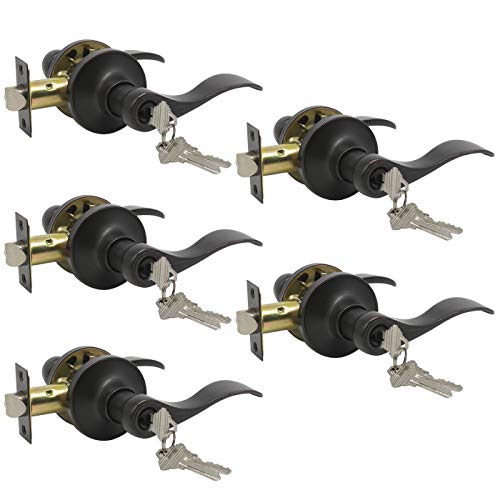 Image of Gobrico Combo Oil Rubbed Bronze Keyed-Alike Entry Door Locks Wave Handle Lever with Same Key, 5Pack