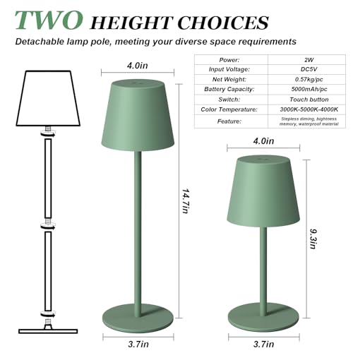 Image of Kakanuo Cordless Table Lamp Rechargeable Green - KK 2 Pack 5000mAH Battery Operated Lamp for Dining Table, 3 Color Stepless Dimming Wireless Lamp for Counter, Outdoor Patio, Touch Control