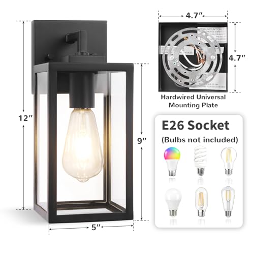 Image of Outdoor Wall Light Fixtures, Exterior Wall Lanterns, Black, 2-Pack, 12 In | Waterproof Outside Wall Sconce for Front Porch, Garage, Patio, Anti-Rust, Tempered Glass, E26(Bulbs Not Included)