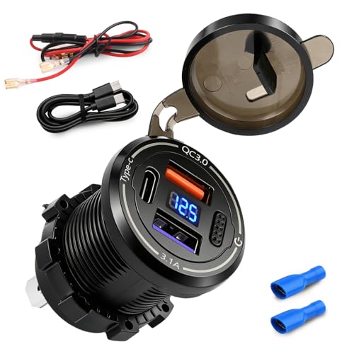 SRunDe Prise USB 12V 50W 3 Port 20W QC3.0&15W USB&15W PD Prise usb Moto Etanche 12v avec Interrupteur LED Voltmètre Allume Cigare 12v Encastrable Voiture...