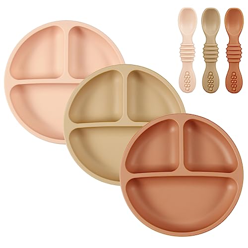 Image of PandaEar 3 Pack Toddler Plates with 3 Spoons, 100% Silicone Divided Suction Plate for Babies, BPA-Free, Dishwasher and Microwave Safe -Pink/Brown/Brick red