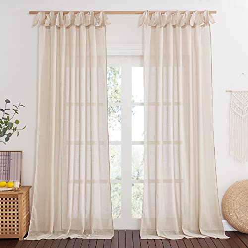 NICETOWN Blush Pink Linen Sheer Curtains 84 inch Length, Adjustable Tie Top DIY Crafted Flax Semi Sheer Privacy with Light Filtering Vertical Drapes f