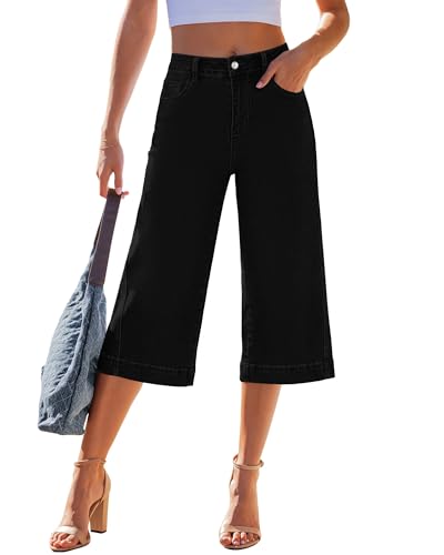 GRAPENT Womens Wide Leg Jeans Women Stretchy Capri Pants for Casual Summer High Rise Denim Capri Jeans, True Black, S, US Size 4 to 6
