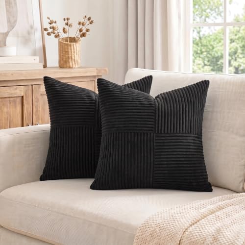 Image of Fancy Homi 2 Packs Black Decorative Throw Pillow Covers 22x22 Inch for Living Room Couch Bed Sofa, Rustic Farmhouse Boho Home Decor, Soft Corss Corduroy Patchwork Accent Square Cushion Case 55x55 cm