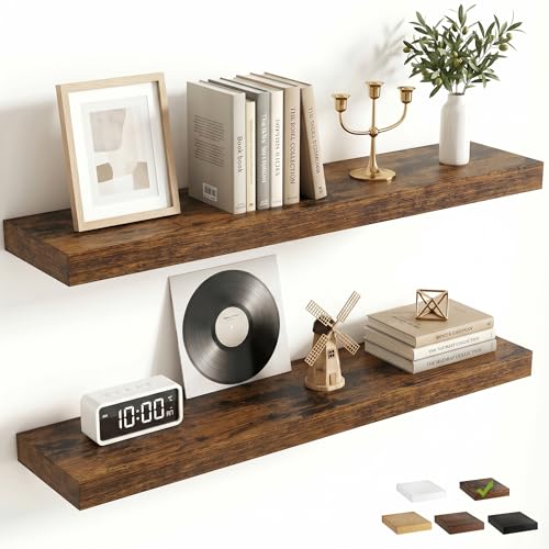 FLYJOE 30 Inch Floating Shelves for Wall Set of 2, 6.5' D Wood Grain Bathroom Shelves with Invisible Brackets, Easy Install Engineered Wood Storage Shelves for Kitchen, Living Room, Bedroom
