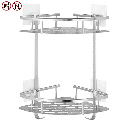 Laimew estanteria baño esquina sin taladro, Lustroso aluminio adhesivo estante ducha con ganchos para colgar, 2 gradas