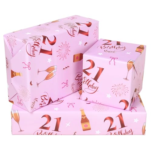 Bolibo 6 Sheets 21st Birthday Wrapping Paper 70x50cm Rose Gold Pink Recyclable 21st Birthday Decorations Gift Wrap Paper for Girls Ladies (Pink-21st)