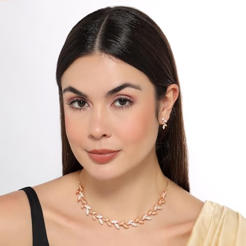 Image of Nilu's Collection Rose Gold Plated American Diamond Floral Leaf Necklace Set with Matching Drop Earrings For Women And Girls | Anti-Tarnish | Anti-Allergy | Office Wear