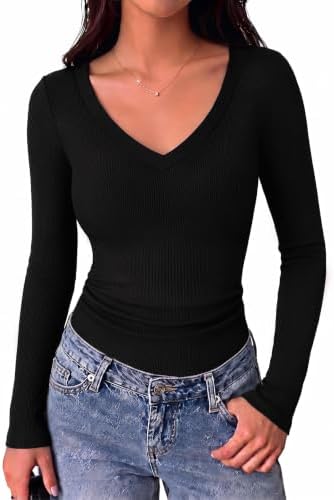 Aottori Langarmshirt Damen Tiefer V-Ausschnitt Gerippt Basic Top Slim Fit | Oberteile Langarm, Rippshirt, Pullover Dünn, Stretch, Eng, Casual, Elegant, Einfarbig, für Herbst Alltag