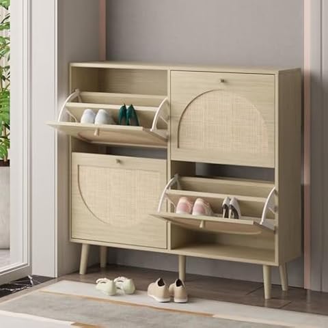 AOCOROE Rattan Shoe Cabinet with 4 Flip Drawers, Freestanding Shoe Storage Cabinet with Wood Legs, Narrow Shoe Organizer for Hallway, Entryway, Living Room, Dorm, Closet, Natural Cover