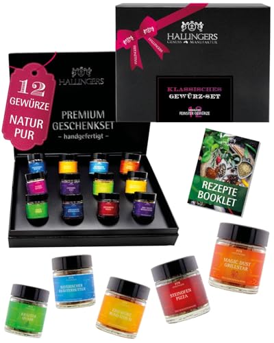 Hallingers Genuss Manufaktur Gewürze Geschenkset – 12 Premium Gewürze im Glas, edle Geschenkbox zum Kochen & Grillen, Gewürz Set Klassiker No. 1, Geschenkidee für Männer, Geburtstag & Weihnachten