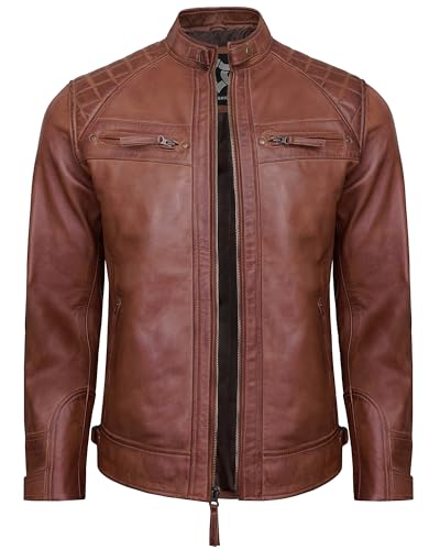 Image of Leather Jacket Men - Real Lambskin Motorcycle Jacket with Snap Tab Collar, Adjustable Waist & Zippered Pockets