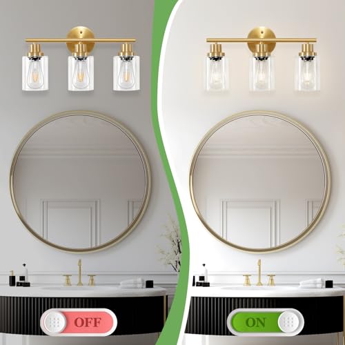 Image of 3-Light Brushed Gold Vanity Lights, E26 Modern Bathroom Light Fixtures with Clear Glass Shade, Wall Lamps for Mirror Kitchen Hallway Cabinet Living Room Sconces Lights