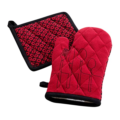 Douceur d'Intérieur, Guanto E Presina (18 x 28 Cm/20 x 20 Cm) Cuciline Bordeaux, Cotone Riciclato Stampato