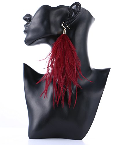 Women Long Dangle Earring Feather Elegant Thread Feather Jewelry For Gift Winter Party Bohemian (Burgundy, Gold-Plated-Copper) #TOP3