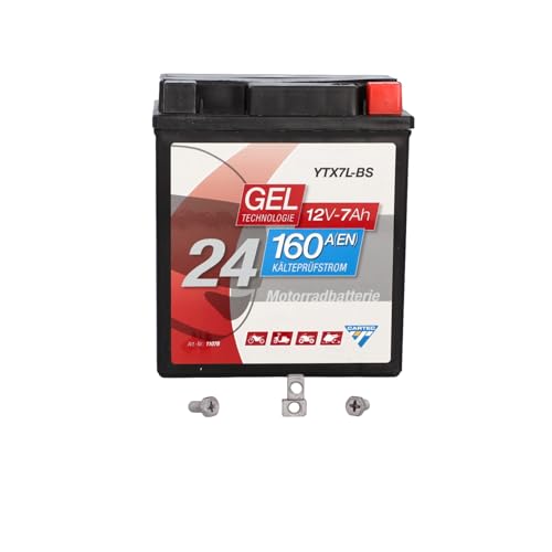 CARTEC Motorradbatterie YTX7L-BS, 7Ah, 160A, Gel Technologie Motorrad-Starter-Batterie, Erstausrüsterqualität, zyklenfest, lagerfähig, wartungsfrei, schwarz