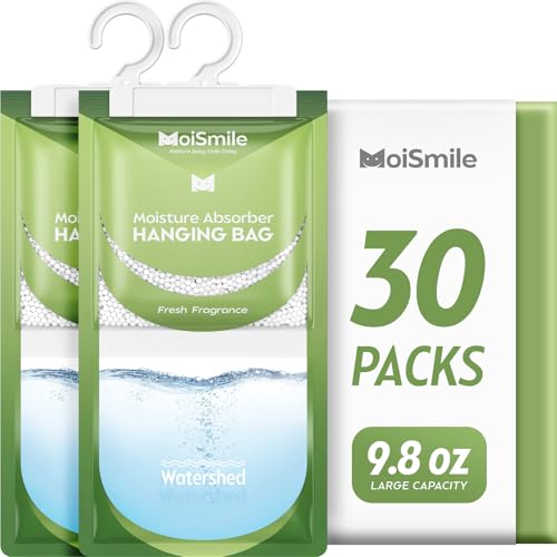 Image of Moisture Absorbers 30 Pack Fresh Fragrance, Hanging Closet Dehumidifier Bags, Humidity Absorber, Compact Eliminates Odors Humidity Packs for Car, Bathroom, Bedroom, Basement, 9.8OZ