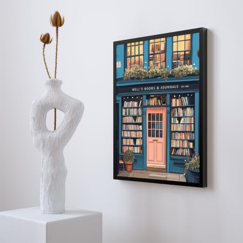 Image of Book Canvas Wall Art, Antique Book Shop Room Aesthetic Poster, Bookish Reading Art Print, Literature Art Picture for Home Library Reading Nook Wall Decor 16x24in Framed