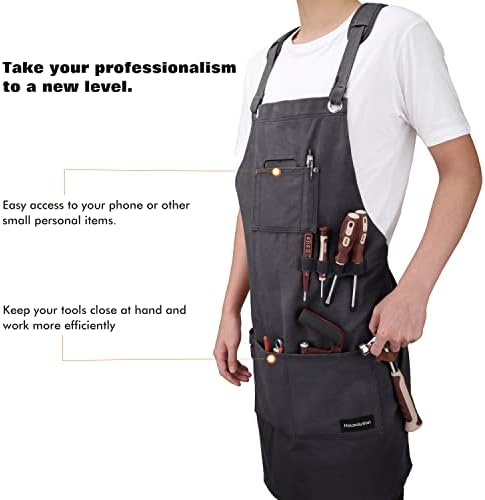 Housolution Tools Apron, Multipurpose Heavy Duty Waxed Canvas Waterproof Work Apron with Tool Pockets for Woodworking Crafting Painting, Cross-Back Straps,Adjustable M to XXL,Purple Gray
