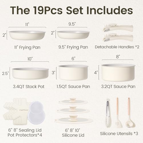 Chef Power Ceramic Nonstick Pots and Pans Set 19 Piece with Detachable Handle, Induction Dishwasher Oven Safe Cookware Set, RV Kitchen Set Removable Handle, Granite Grey and White - Image 2