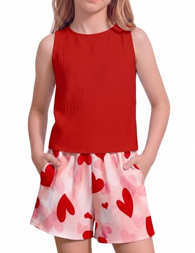 Image of Arshiner Girls Summer 2 Piece Outfit Sleeveless Top and Paperbag Waist Shorts with Pockets Kids Shorts Set Ages 5-13