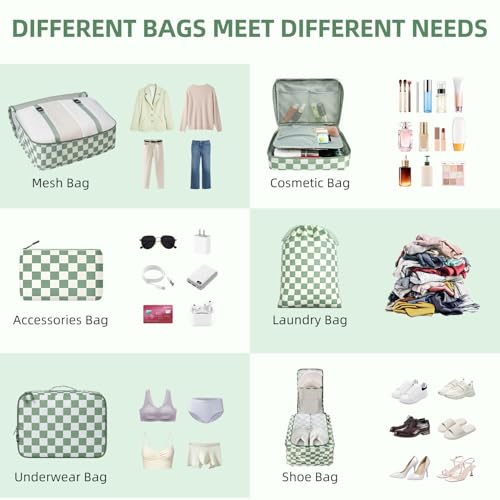 Image of BAGAIL 8 Set Packing Cubes Luggage Packing Organizers for Travel Accessories-Matcha checkered