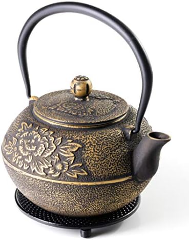 SunsetCo - Cast Iron Teapot with Trivet Set - Traditional Japanese Tetsubin Style - Stainless Steel Infuser - Large 40oz/1.2ltr - Gold Decorative Flower Design - Steep Your Favourite Loose-Leaf Tea