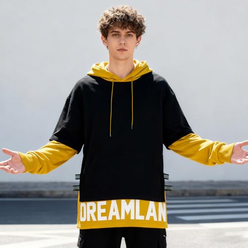 Mens Colorblock Hoodie Casual Patchwork Soft Cotton Pullover Letter Print japanese Hooded Sweatshirt with Design2