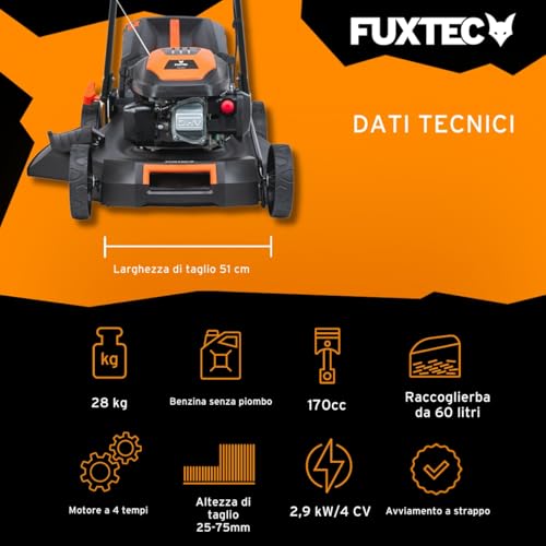 Tagliaerba a scoppio semovente FUXTEC RM5170 4in1-4 CV - Tosaerba a benzina - Motore 170cc 4 tempi con autotrazione - Larghezza di taglio 51cm - Mulching - cesto di raccolta 60L - 3