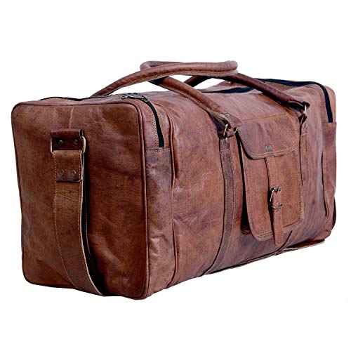 Komal's Passion Leather Leather Duffel Bag Large 24 Inch Square Duffel Travel Gym Sports Overnight Weekender Leather Bag for Men and Women