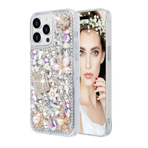 Losin Compatible with iPhone 13 Pro Max Bling Diamond Case Sparkly Crystal Rhinestone for Women Girls Fashion Luxury Glitter Shiny Gemstone 3D and Flower Gemstone Soft TPU Back Cover