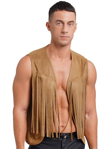 Men Cowboy Tassel Vest Faux Suede Leather Fringe Waistcoat Sleeveless Open Front Vest Jacket2