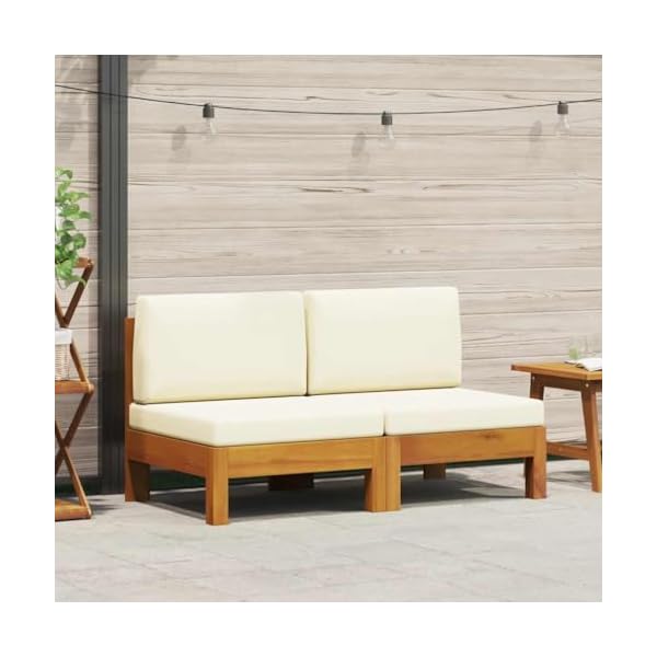 vidaXL 2X Acacia Solide Canapés Centraux avec Coussins Canapés Centraux de Patio Meuble de Terrasse Canapés de Jardin Extérieur Blanc Crème
