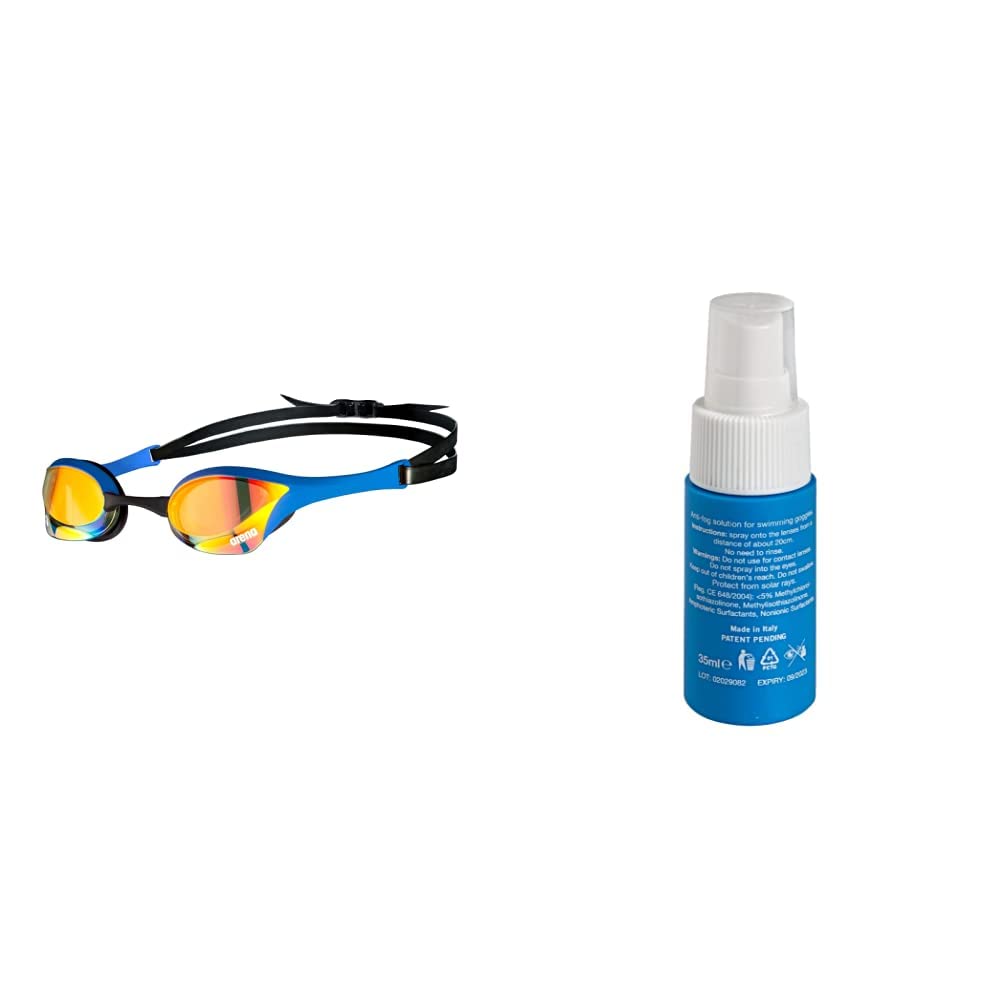 ARENA Cobra Ultra Swipe Mr, occhialini da nuoto giallo rame e blu & Spray Anti Appannamento Istantaneo per Occhialini, Antifog, Antiappannante Occhialini