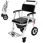 3-in-1 Shower Commode Wheelchair | Foldable Aluminium Wheeled Shower Chair with Padded Seat & Backrest | Removable Commode Bucket & Front Clip Brakes | Attendant-Pushed Indoor Toilet Chair