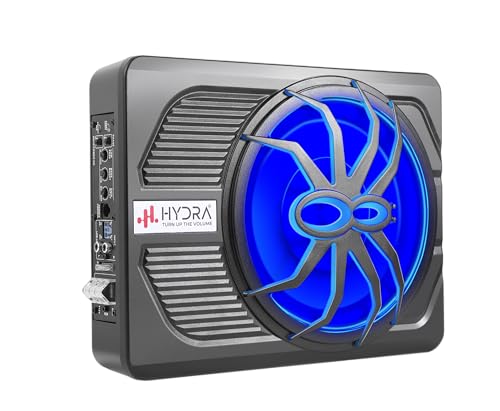 Image of Hydra Spider Halo 10 inch Metal Underseat Subwoofer (HY-10MH-HE-BLU) | 800W Peak, 180W RMS | Blue LED Spider Grill | Ultra Slim Powered Car Subwoofer with Remote Control