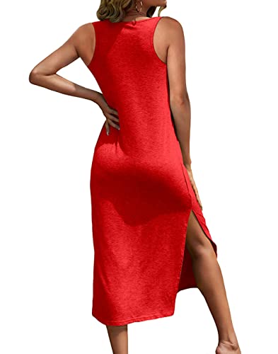 Image of Dyexces Women Summer T Shirt Dress Casual Short Sleeve V Neck Maxi Dresses Loose Side Slit Long Tshirt Dress with Pockets